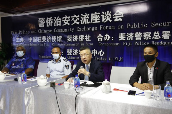 Zhao Fugang (far right) and Qian Bo (second from right), China’s ambassador to Fiji, at a 2021 forum sponsored by Fiji police.