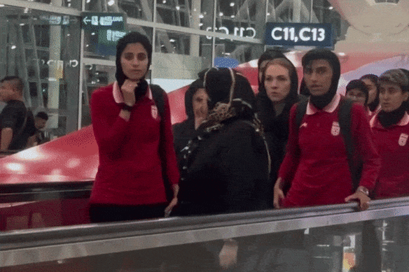 The Iranian women’s soccer team arrive in Kuala Lumpur on Wednesday morning.