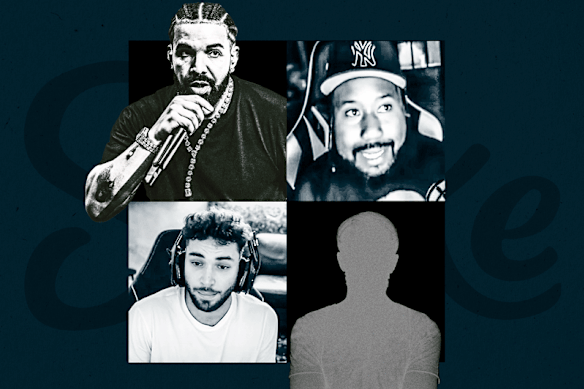 Little is known about George Nguyen, the Australian man at the centre of legal drama involving Canadian rapper Drake. Pictured are Drake (top left), hip-hop podcaster and influencer DJ Akademiks (top right) and streamer Adin Ross. 