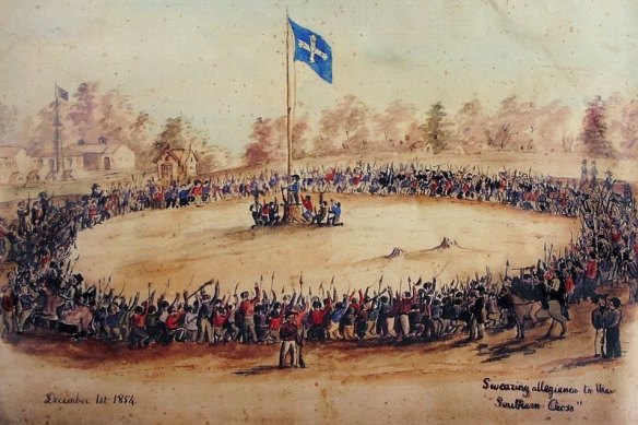 A contemporary sketch by Charles Doudiet shows the Eureka rebels swearing allegiance to the flag of the Southern Cross at Bakery Hill in Ballarat. 