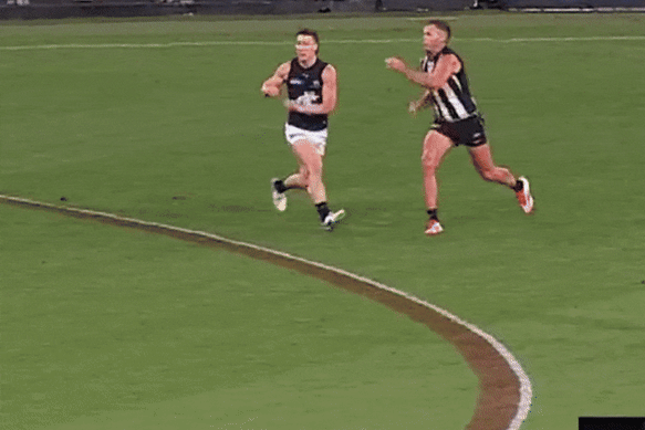 Collingwood’s Dan Houston and the incident in question. CREDIT: Channel Seven.