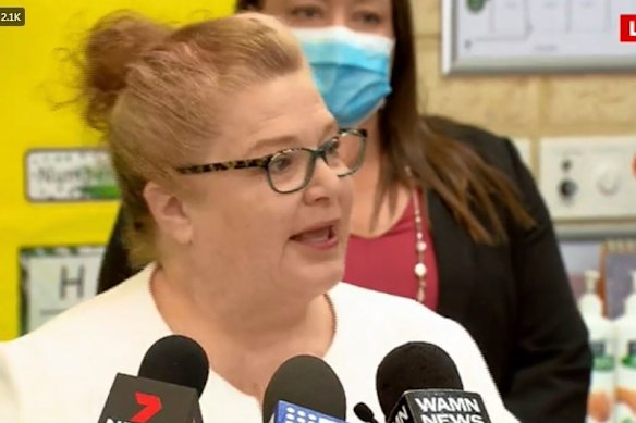 Ms Ellery addresses media on Tuesday. 