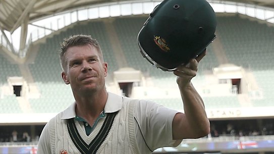 David Warner acknowledges the crowd after the Australian declaration.