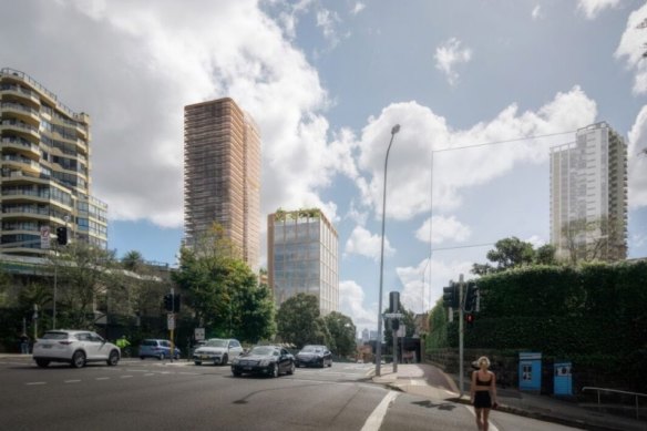 An artist’s impression of the proposed Edgecliff Centre redevelopment as seen from the Double Bay side of New South Head Road, with Ranelagh on the right.