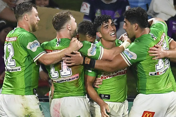 Bailey Simonsson celebrates one of his three tries in a losing side on Thursday.