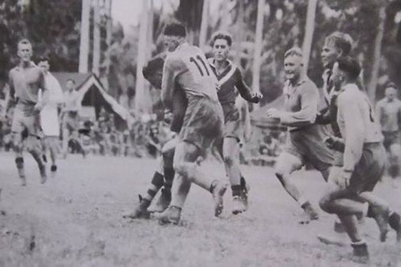 An image from what is believed to be the first State of Origin rugby league match, contested between serving Australian military personnel at Torokina in Papua New Guinea in 1945.