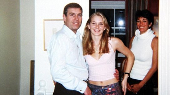 Prince Andrew pictured with Virginia Roberts Giuffre in 2001 at the townhouse of Ghislaine Maxwell, right, in London. 