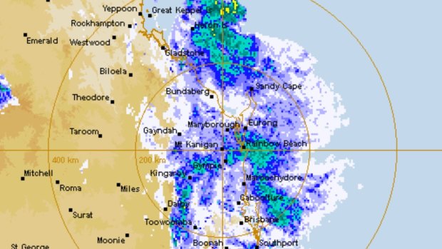 A radar snapshot of the south-east and central Queensland coast on Sunday as the offshore trough dumped rain.