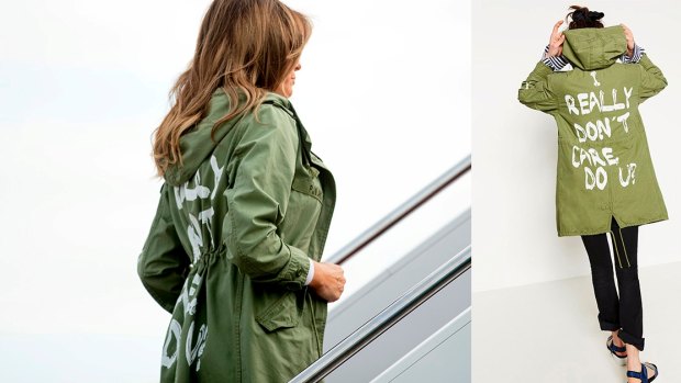 Melania Trump wearing the "I Don't Really Care Do U" jacket in 2018.
