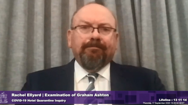Former chief commissioner Graham Ashton testifying at the inquiry into hotel quarantine.