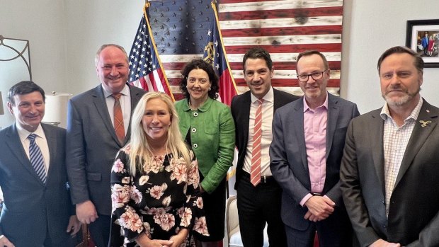 US Republican congresswoman Marjorie Taylor Green (front) meets with Labor MP Tony Zappia, former Nationals leader Barnaby Joyce, teal independent Monique Ryan, Liberals’ Alex Antic, and Greens senators David Shoebridge and Peter Whish-Wilson.