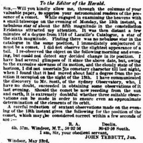 Tebbutt's letter to the editor, May 25, 1861