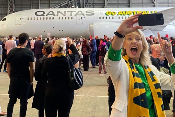 High-profile Qantas critic Senator Bridget McKenzie at the welcome home event for athletes in Sydney on Wednesday.