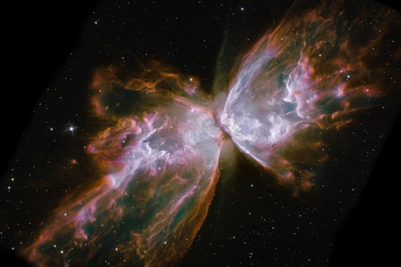 A Hubble image of the planetary nebula popularly called the Bug Nebula or the Butterfly Nebula.