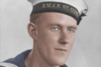A colourised studio portrait of Able Seaman Thomas Welsby Clark when he was an Ordinary Seaman on HMAS St Giles. 