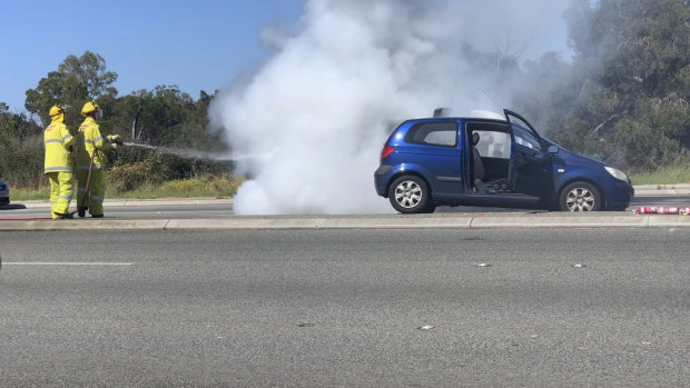 The alleged stolen car crashed into two other vehicles before it burst into flames