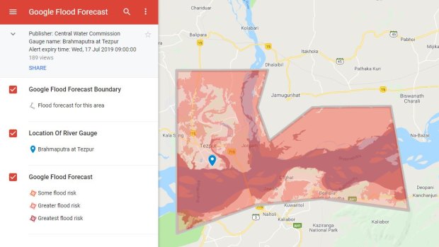 An alert sent out this week by Google's Flood Forecast service with India's Central Water Commission. It shows flood risk areas at Tezpur from the Brahmaputra River.