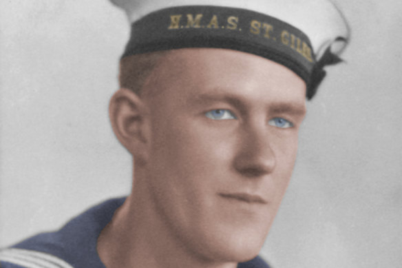 A colourised studio portrait of Able Seaman Thomas Welsby Clark when he was an Ordinary Seaman on HMAS St Giles. 