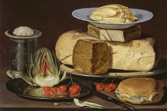 Still Life with Cheeses, Artichoke, and Cherries, ca. 1625, by Clara Peeters.