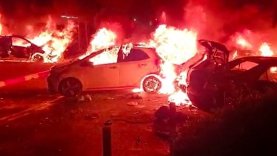 Vehicles on fire in Israel in Lod.