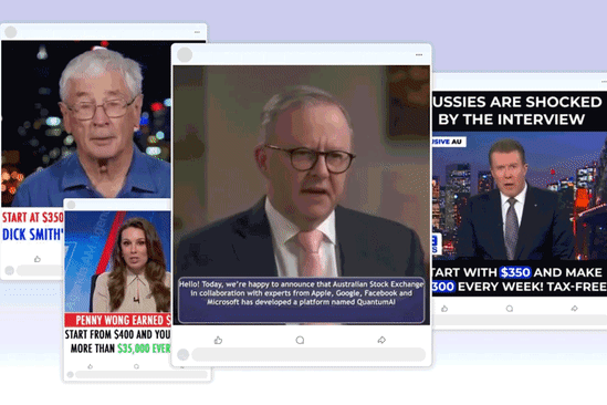 A collection of Facebook posts showing AI-generated scam ads.