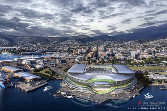 An artist’s impression of the new sporting stadium to be built in Hobart.