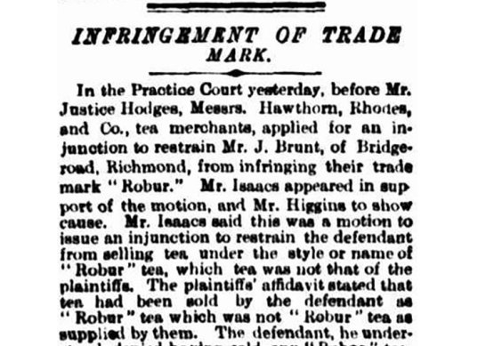An article from The Argus, June 12, 1894, about a Richmond grocer that tried to pass-off loose-leaf tea as being the Robur brand.