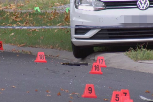 A gun and bullet casings on the ground in Heysen Park Way, Caroline Springs.