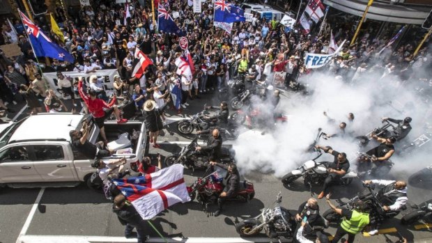 An anti-vaccine protest in Wellington, New Zealand.