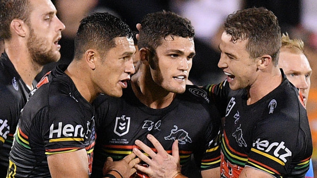 Practice makes perfect: Nathan Cleary celebrates with teammates.