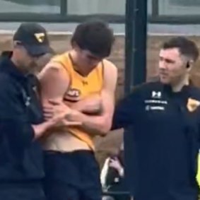 Will Day in the hands of trainers at training yesterday.