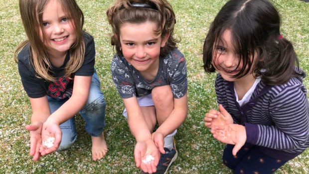 Kids in Altona marvel at Saturday's hail stones.