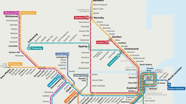 The redesigned map for Sydney's rail map includes the North West Metro (in aqua) and changes to the Northern Line (in red and renamed the T9).