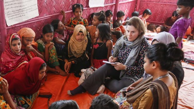 Holly Watt talks to Rohingya children in a refugee camp in Bangladesh.