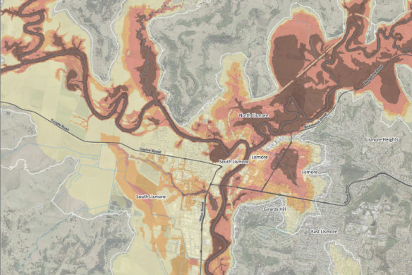 The Northern Rivers Reconstruction Corporation's new flood map of Lismore.