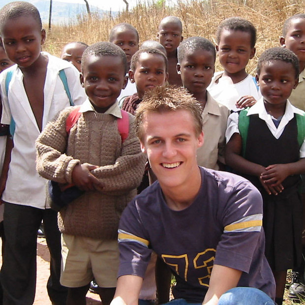 Evans in 2003 in Embo, a rural township near Durban, South Africa, where he spent his gap year overseeing development projects.