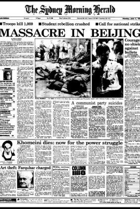 'Massacre in Beijing': front cover of The Sydney Morning Herald, 05 June, 1989