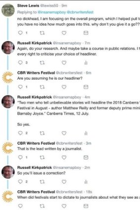 Screengrabs of the Twitter feud over Canberra Writers Festival. 