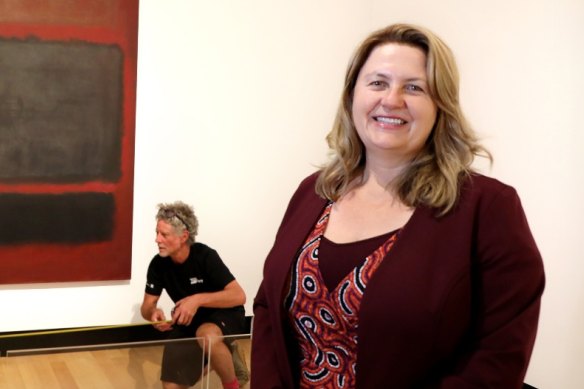 Ipswich Mayor Teresa Harding at the hanging of Mark Rothko’s 1957 #20, at Ipswich Art Gallery.