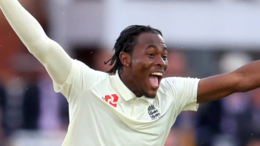 Jofra Archer celebrates taking his maiden Test wicket. Cameron Bancroft made 13 from 66 balls. 