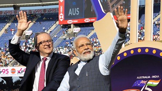 Australian Prime Minister Anthony Albanese on a chariot with his Indian counterpart Narendra Modi before the fourth cricket Test between their nations in Ahmedabad in March 2023.