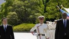 Japanese defence minister Yasukazu Hamada and Lloyd Austin, US secretary of defence, review an honour guard during a welcome ceremony at the Ministry of Defence in Tokyo early this month.