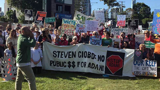 Protesters gather outside the office of Steve Ciobo on the Gold Coast on Thursday.