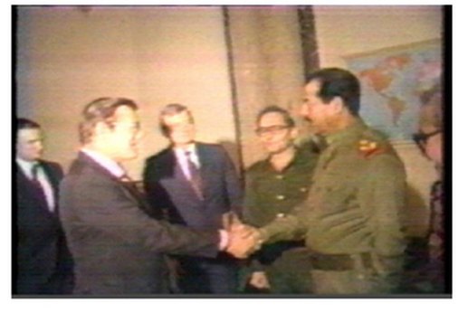 Iraqi President Saddam Hussein greets Donald Rumsfeld, then special envoy of US President Ronald Reagan, in Baghdad in 1983.  