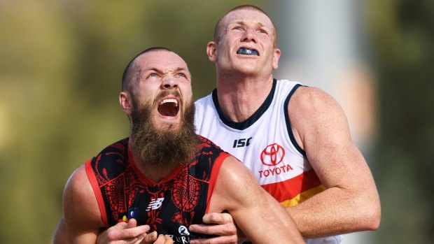 Adelaide's Sam Jacobs tangles with Max Gawn.