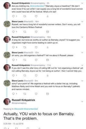 Screengrabs of the Twitter feud over Canberra Writers Festival. 