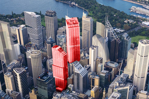 Two skyscrapers, in red, planned for above the two entrances for the Metro West train station will be 58 and 51 storeys high.