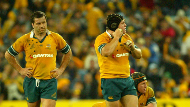Wallabies hooker Brendan Cannon (left) and Dunning after a loss to New Zealand in 2005. 