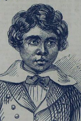 An illustration of either Warrulan (who worked in Birmingham, England and died 1855), or Pangkerin. From the article “Aborigines of South Australia” on page 108 of the Feb 14. 1846 edition of The Illustrated London News.
