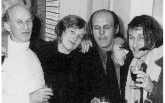 Liz Fell with (from left) .Jim Staples, Leon Fink and Bob Ellis at a party in 1996.